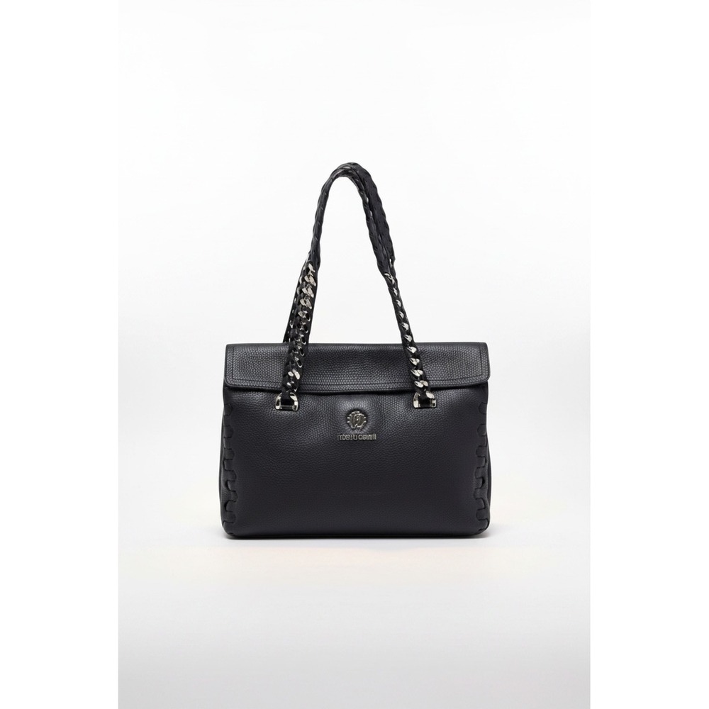 Roberto Cavalli Black Pebbled Leather Whipstitch Tote Bag Braided Chain Strap